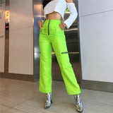 Neon Green Wide Leg Pants Pockets Fake Zippers High Waist