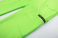 Neon Green Wide Leg Pants Pockets Fake Zippers High Waist