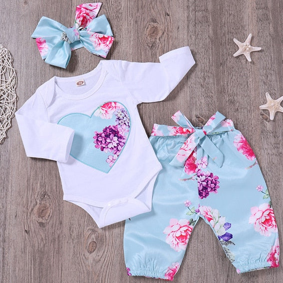 Beautiful Floral Bodysuit and Pants and Bow Headband Set
