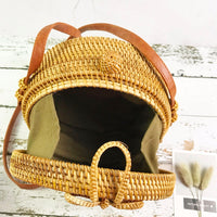 Summer Vintage Handmade Crossbody Leather Bag Round Straw Beach Bag